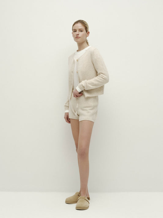 Pointelle Round Neck Button Cardigan-Apricot Blossom