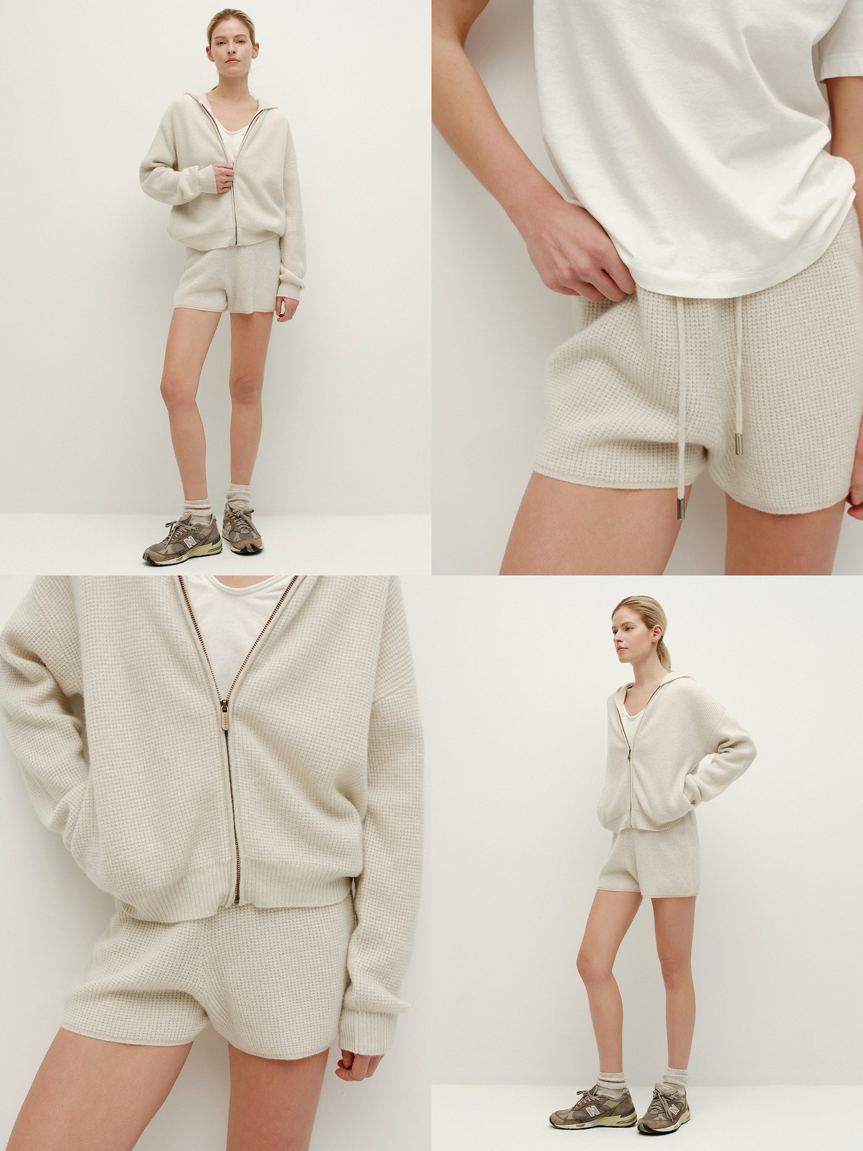 Knit Waffle Drawstring Shorts-Ash White
