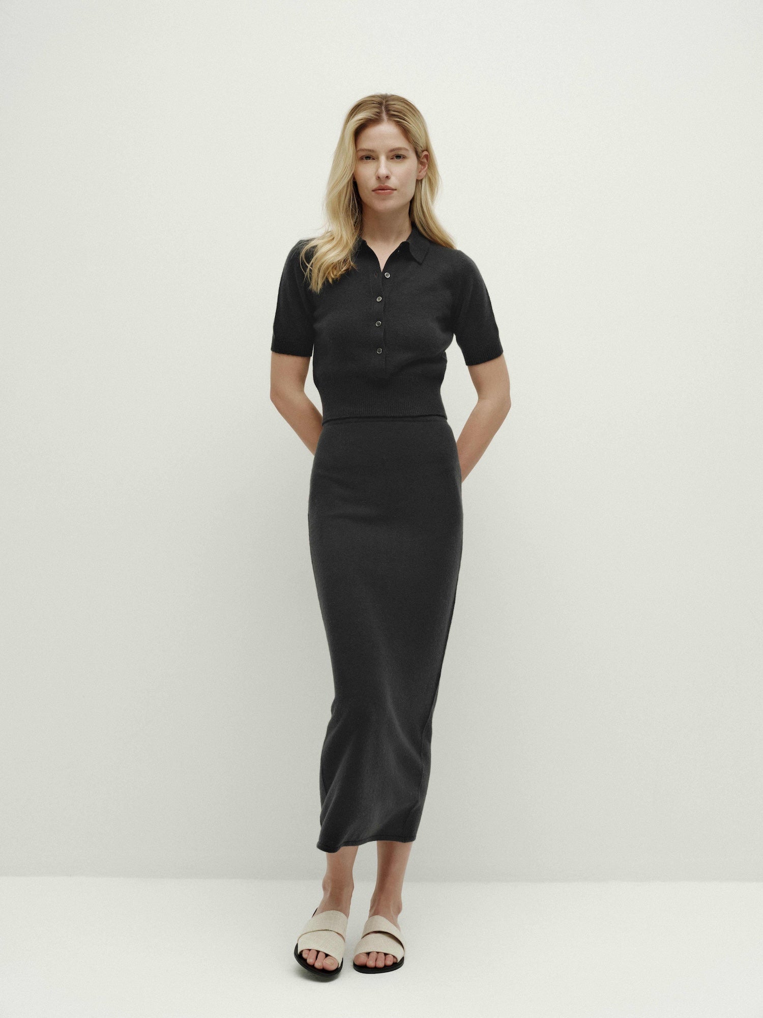 Polo Neck Knit Pullover Short Sleeve-iron gray