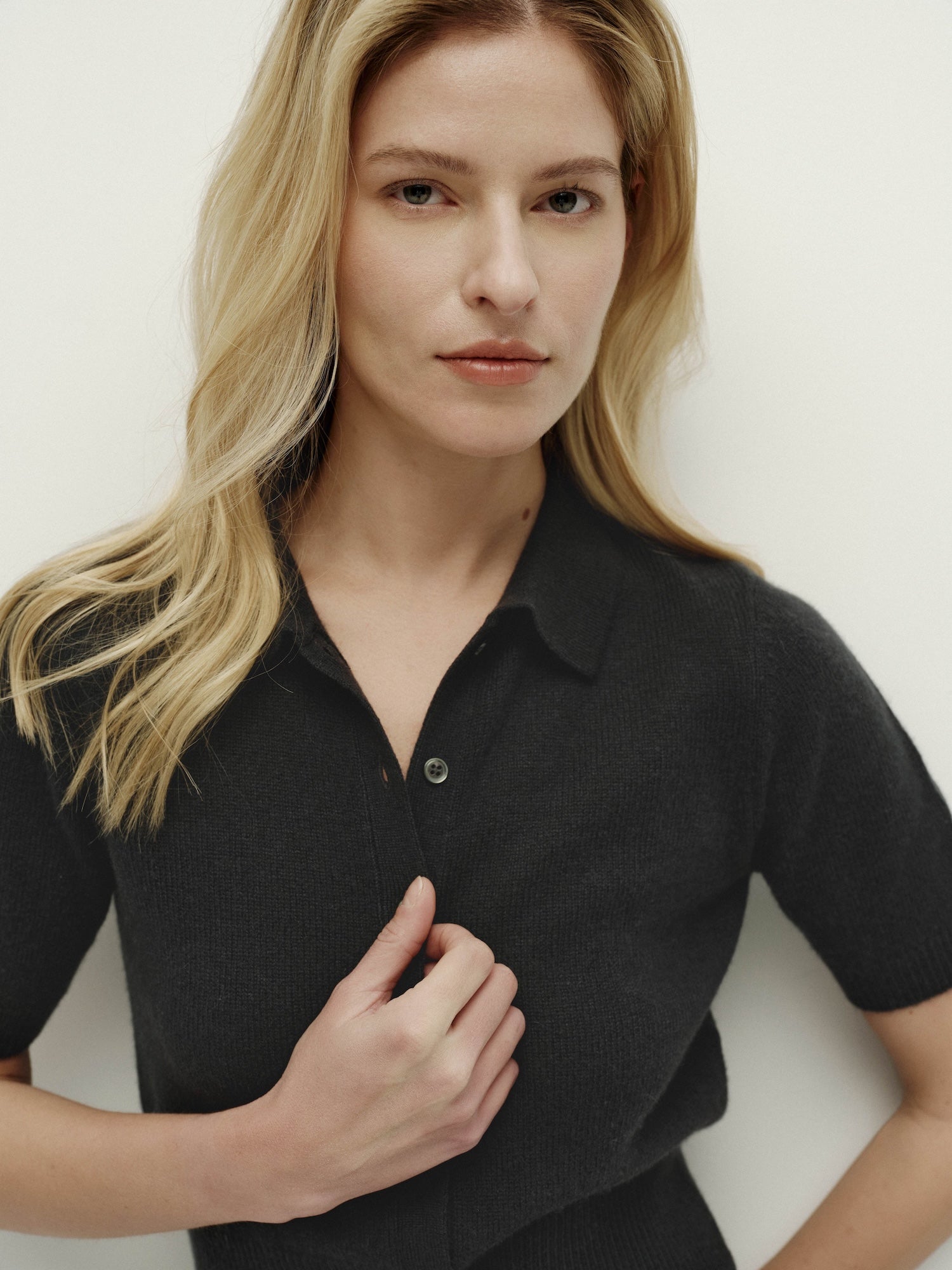 Polo Neck Knit Pullover Short Sleeve-iron gray