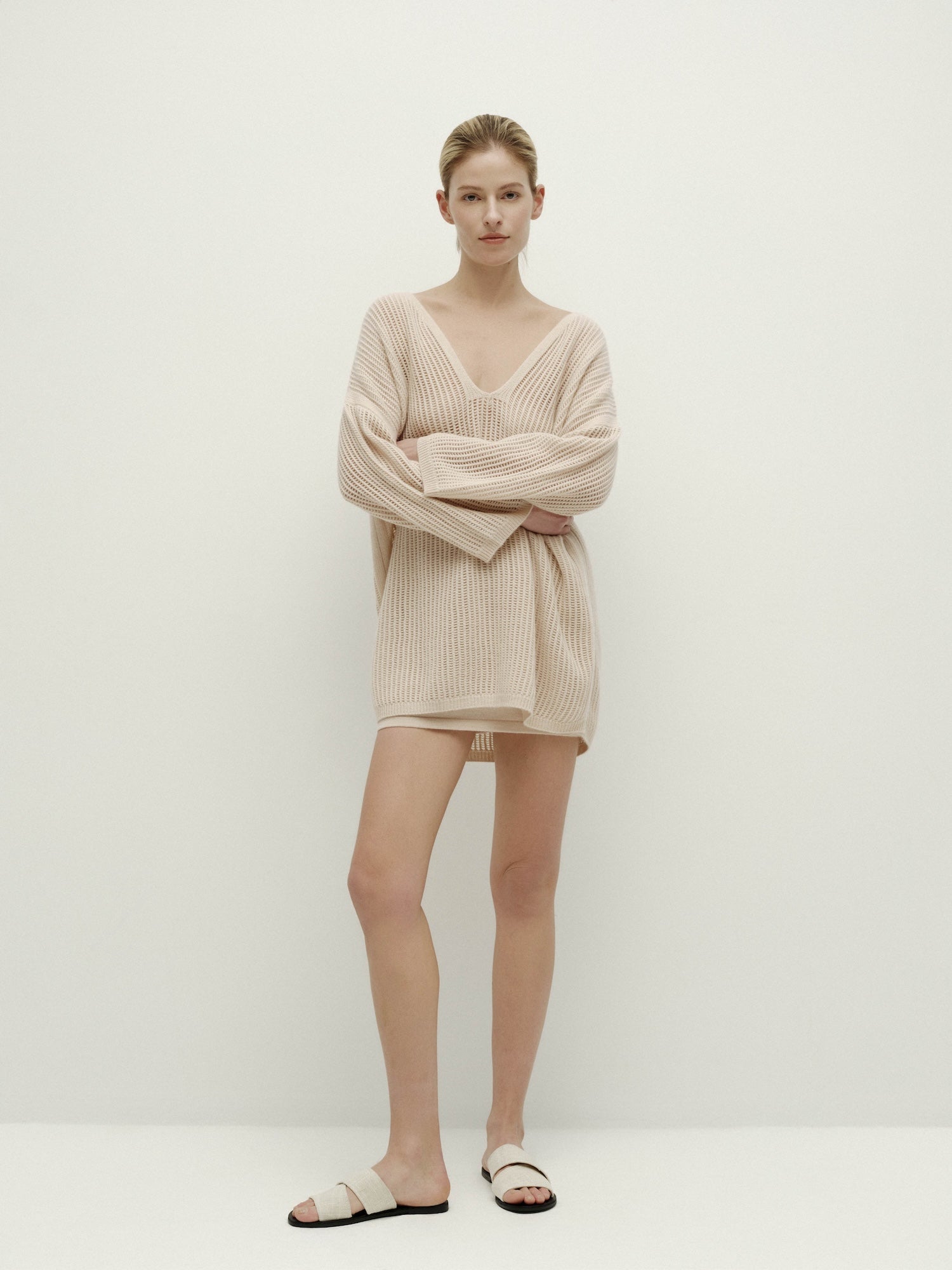 V-Neck Pointelle Knit Sweater