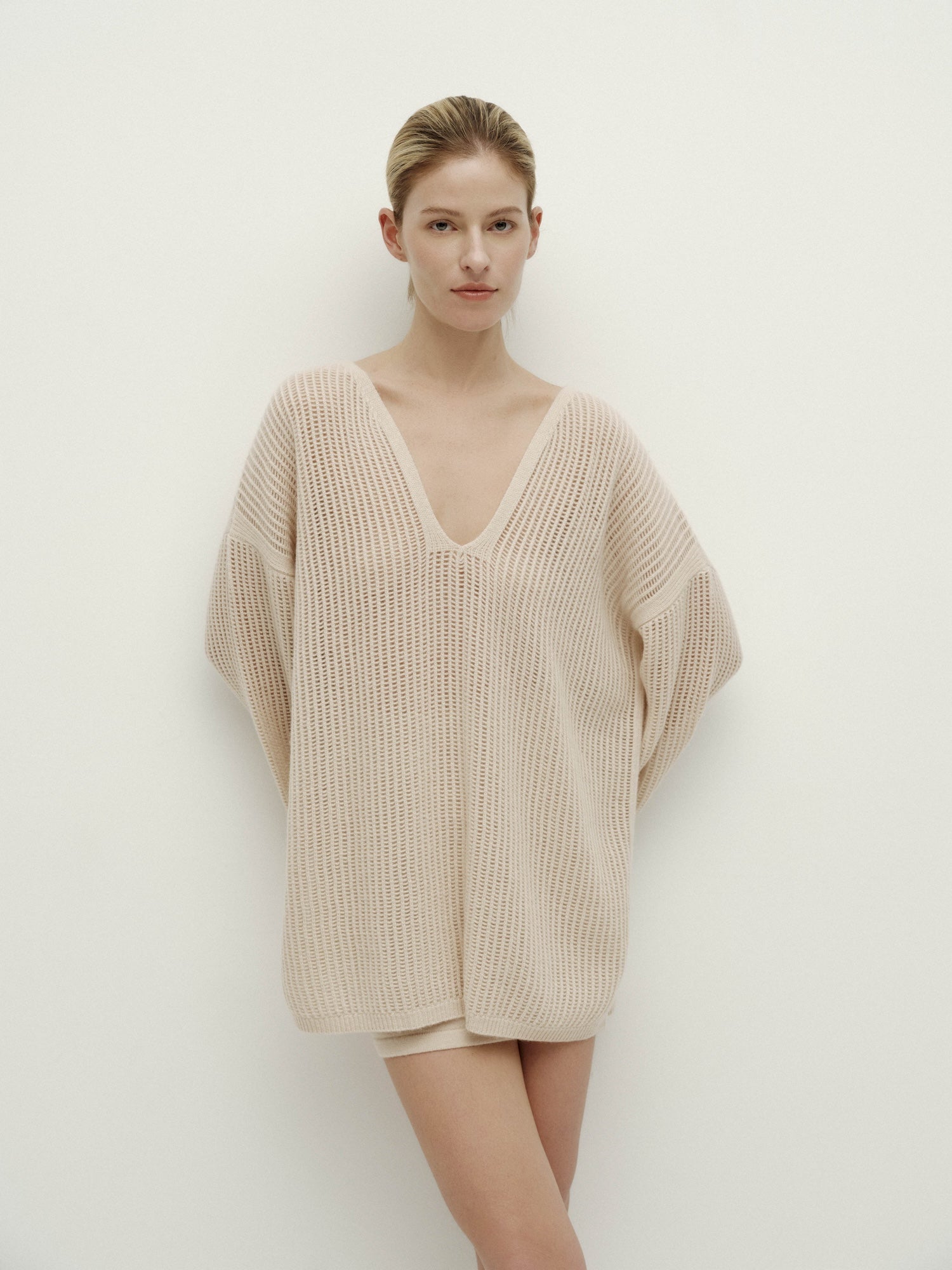 V-Neck Pointelle Knit Sweater