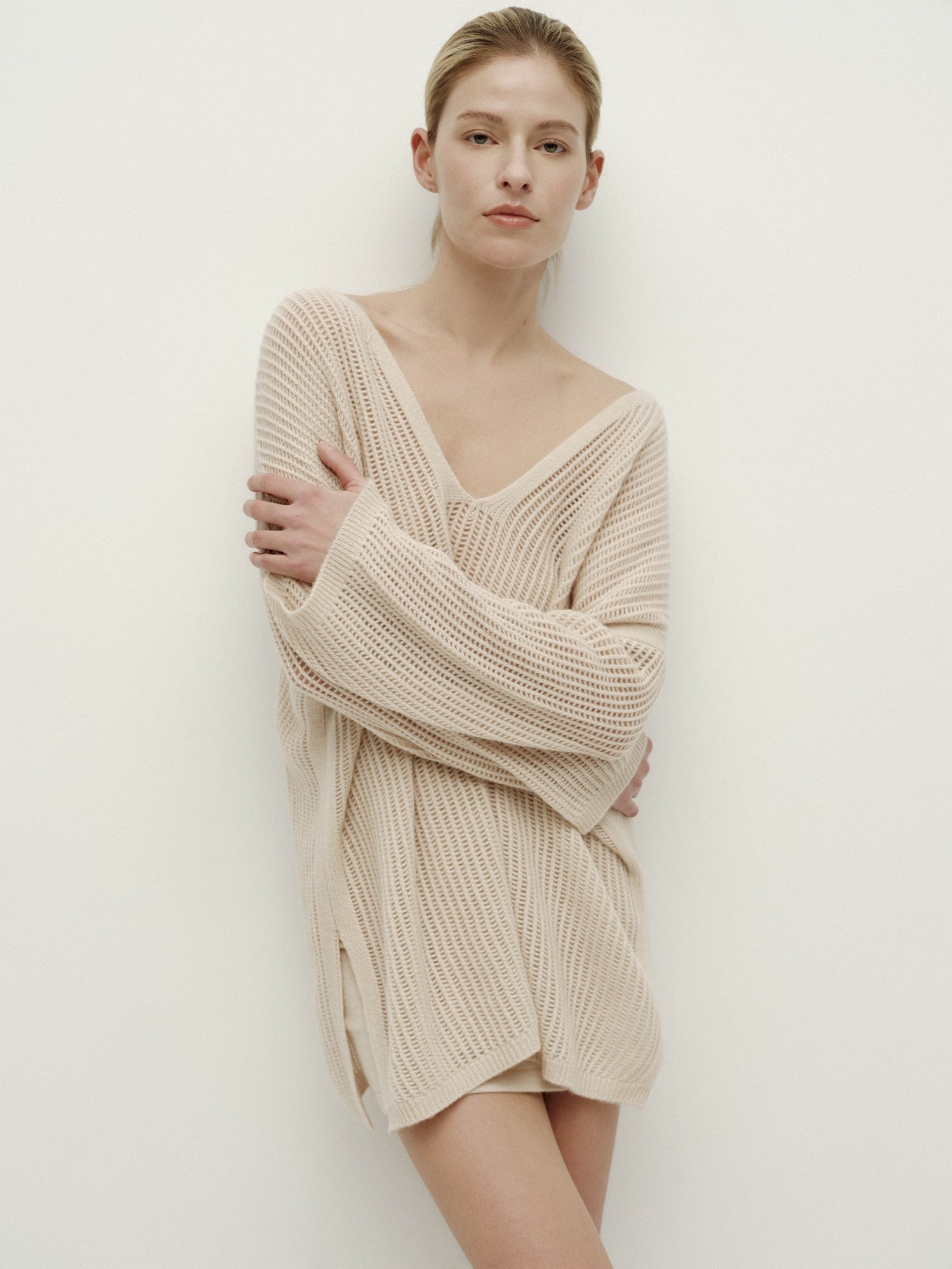 V-Neck Pointelle Knit Sweater