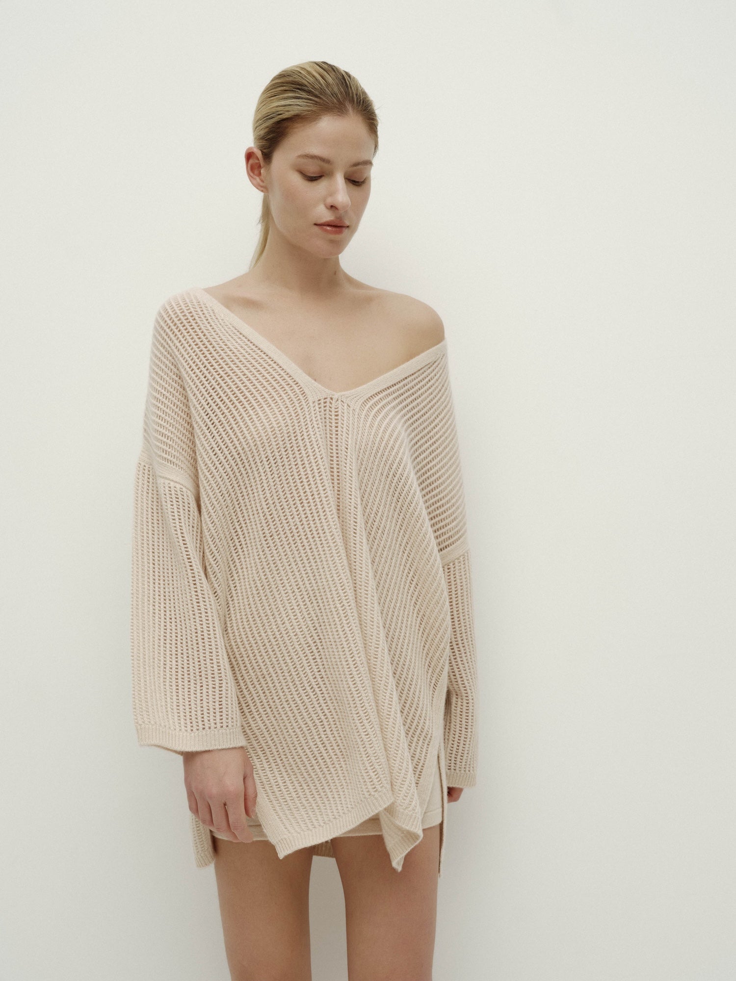 V-Neck Pointelle Knit Sweater