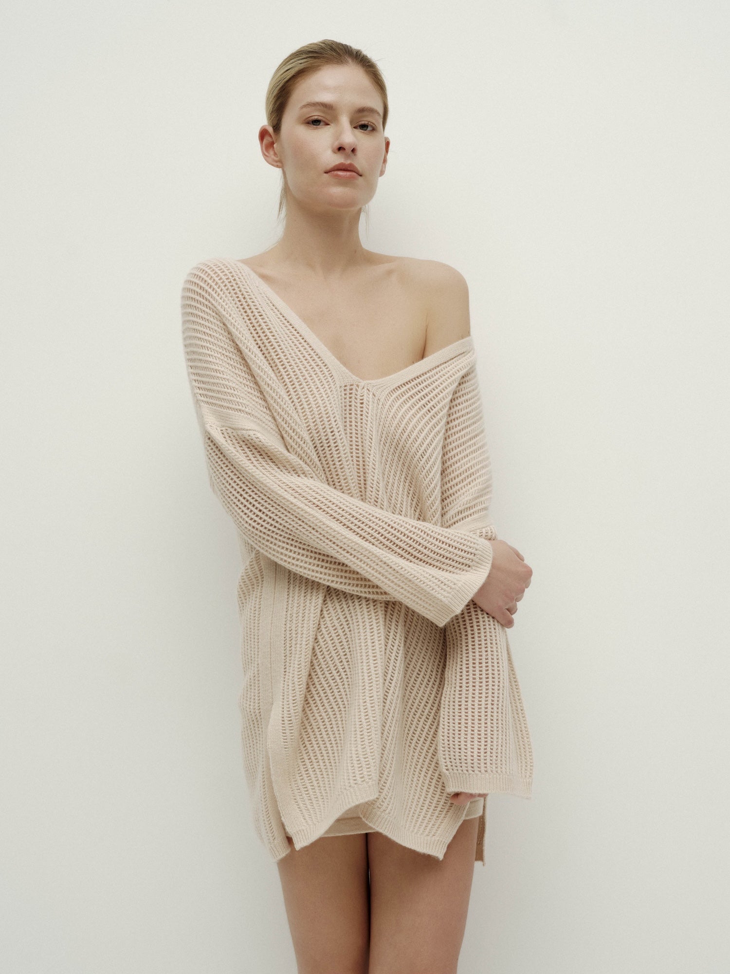 V-Neck Pointelle Knit Sweater