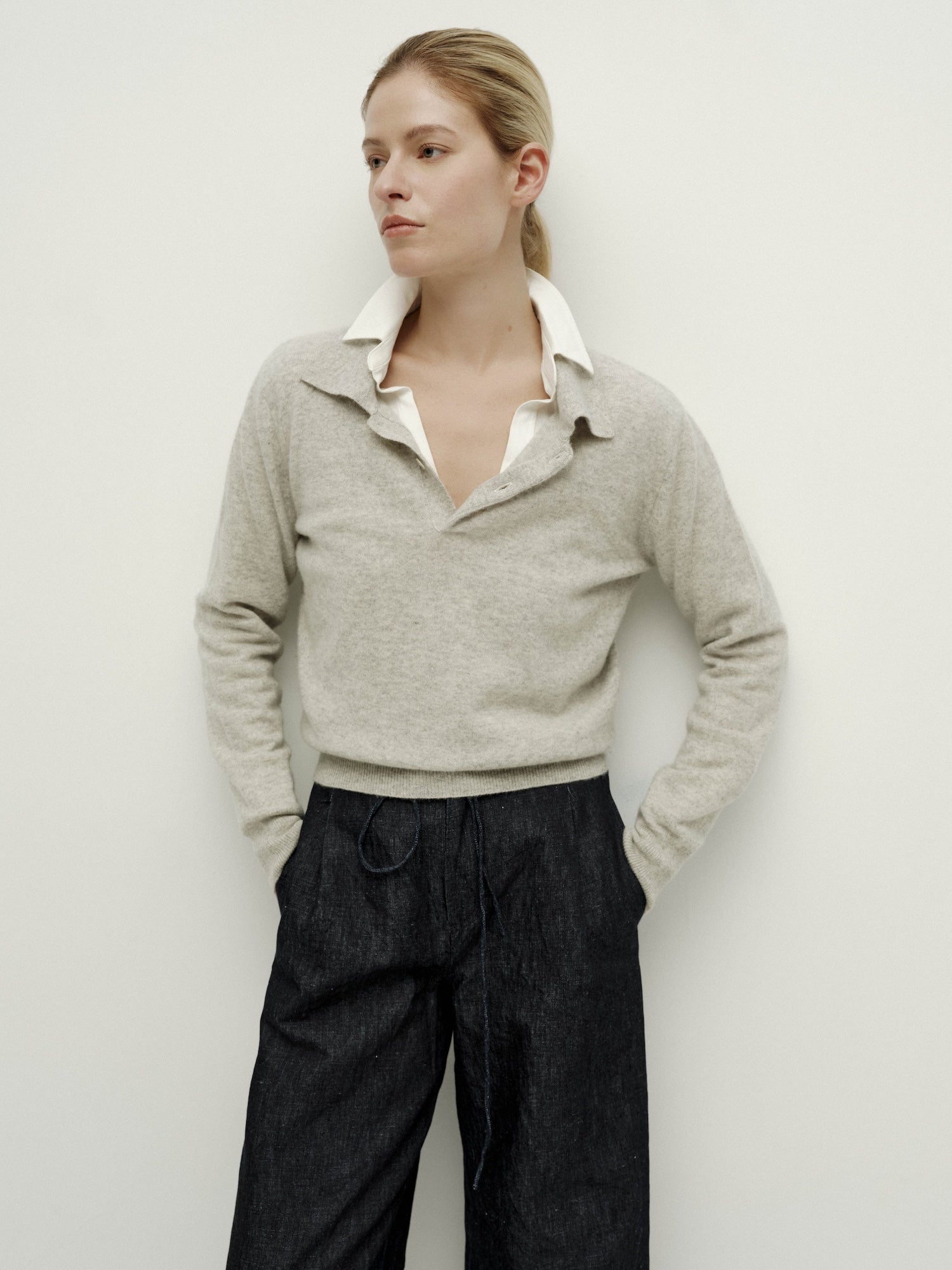 Polo Neck Knit Long Sleeve-Warm Gray