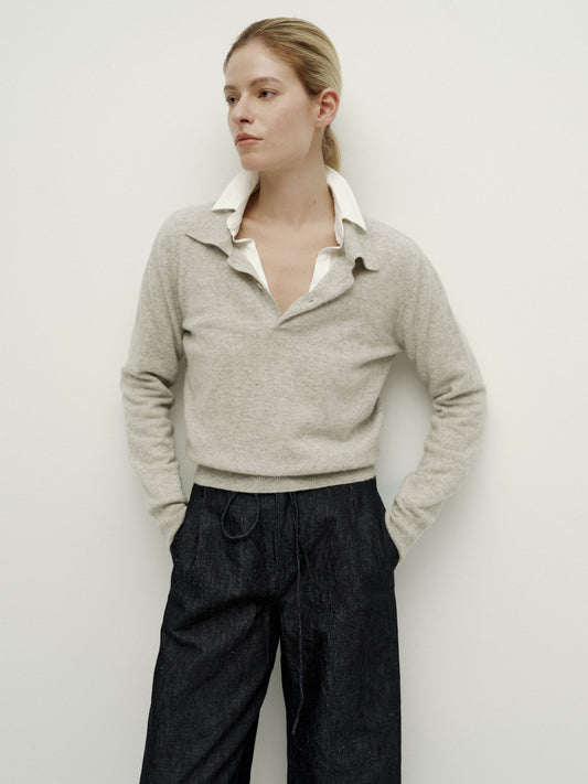 Polo Neck Knit Long Sleeve-Warm Gray