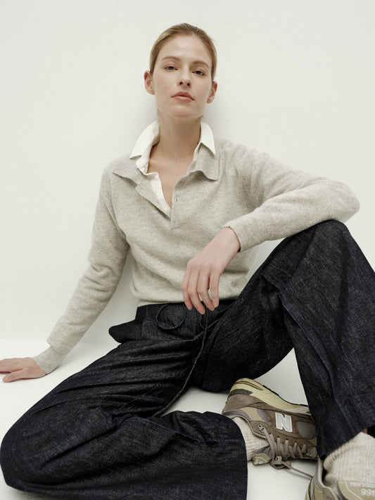 Polo Neck Knit Long Sleeve-Warm Gray