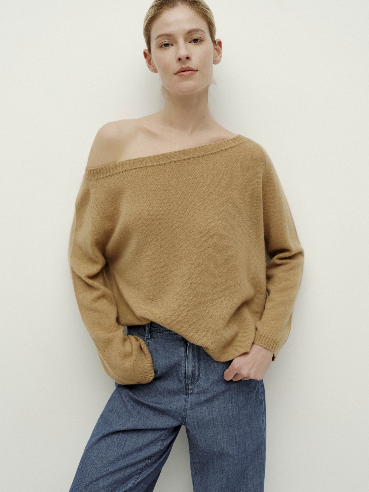 Asymmetric Shoulder Oversized Sweater-Linen Yellow