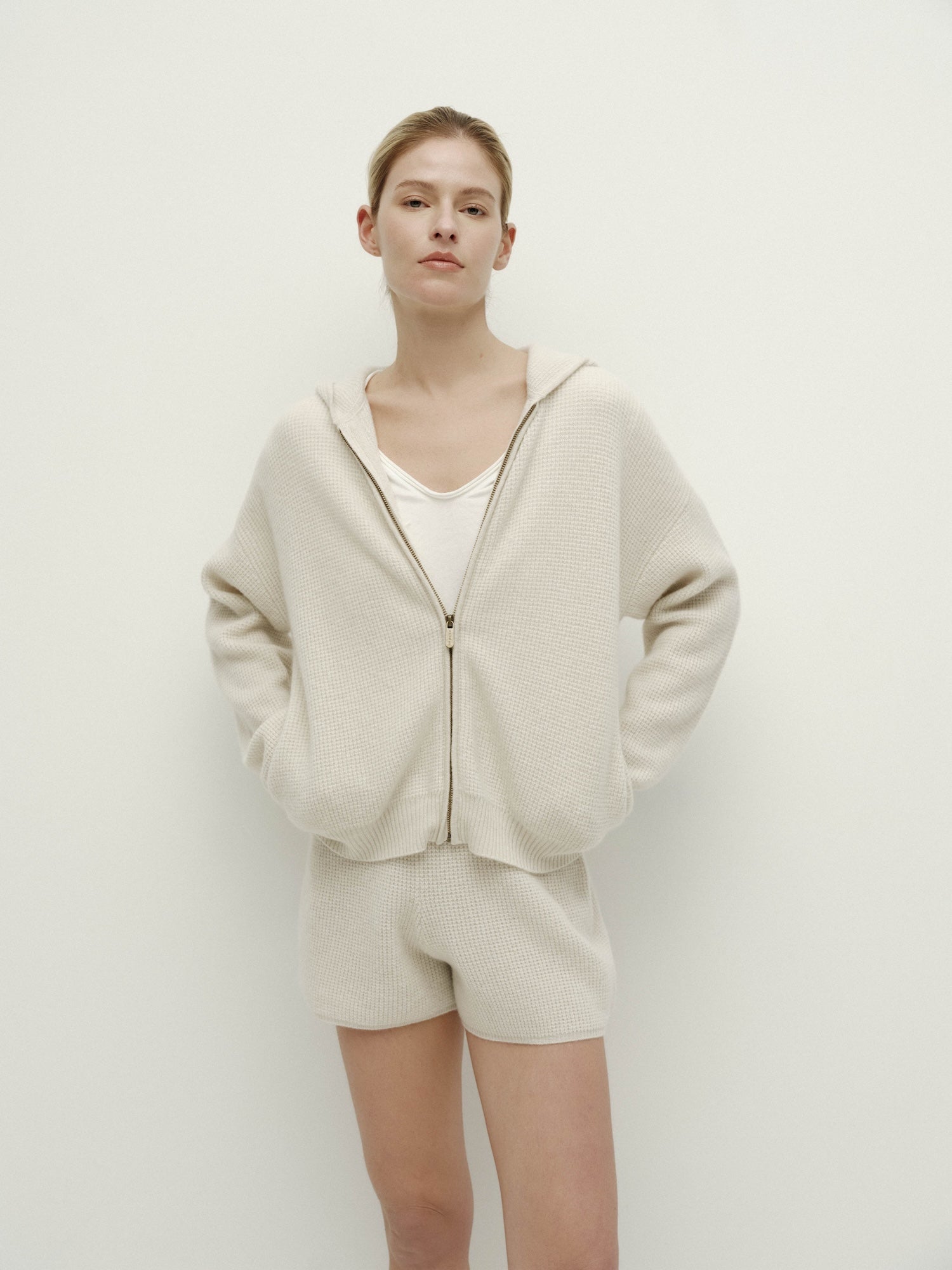 Knit Waffle Drawstring Shorts-Ash White