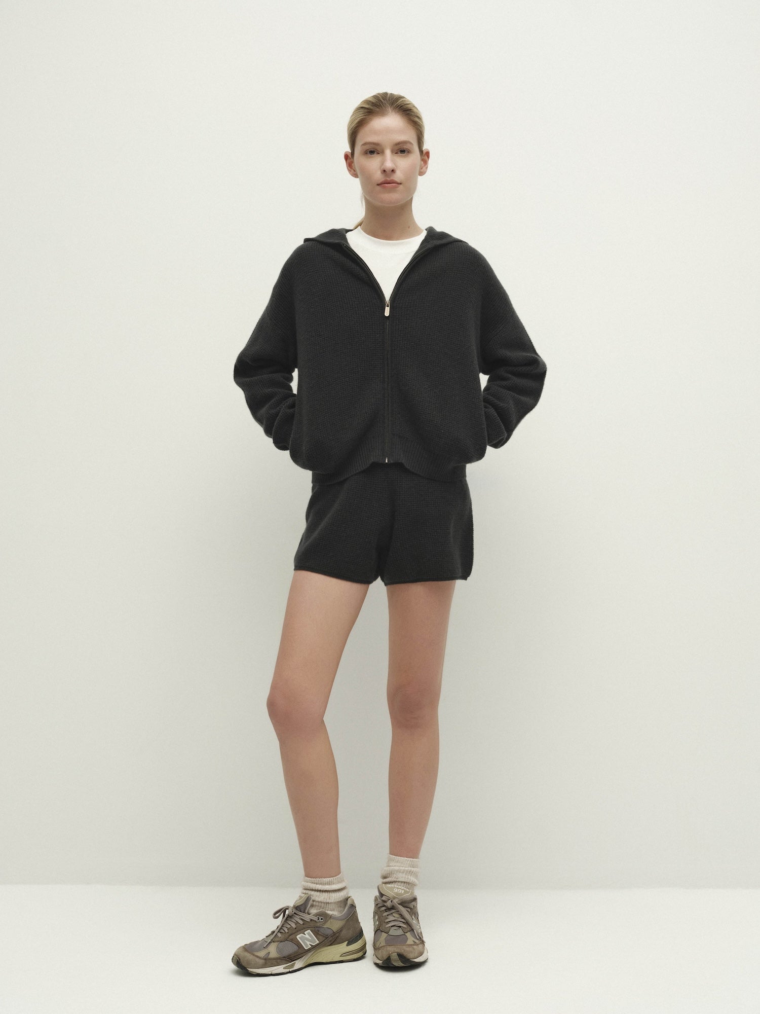 Knit Waffle Drawstring Shorts-Iron gray