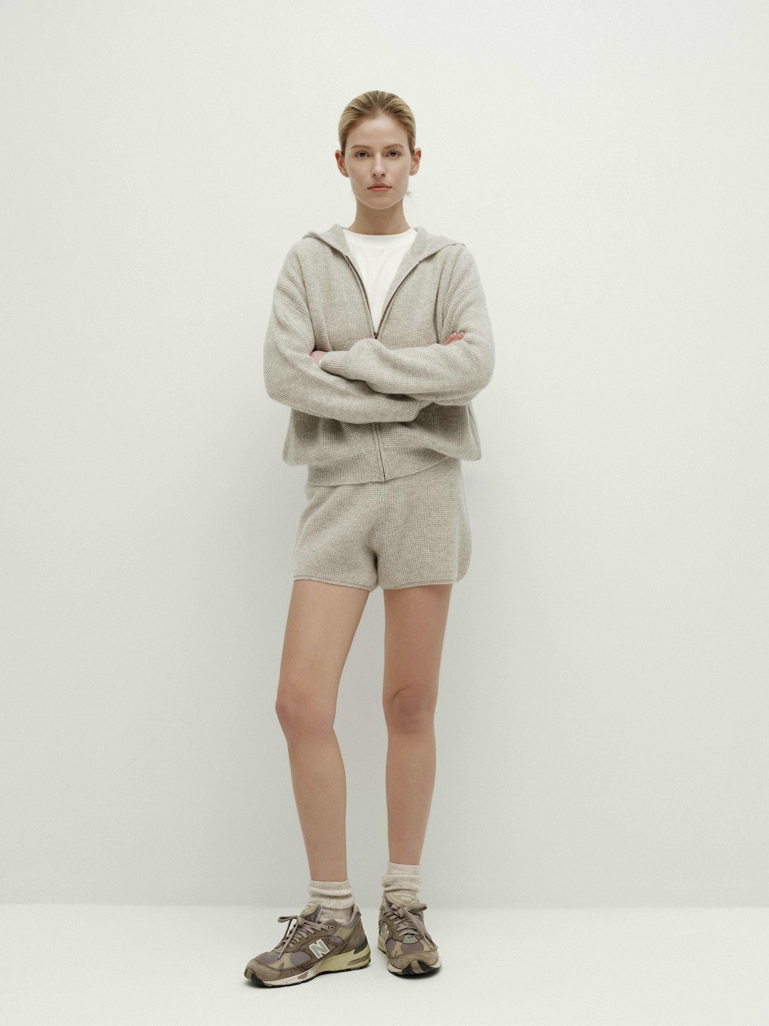 Knit Waffle Hooded Zipper Cardigan-Warm Gray