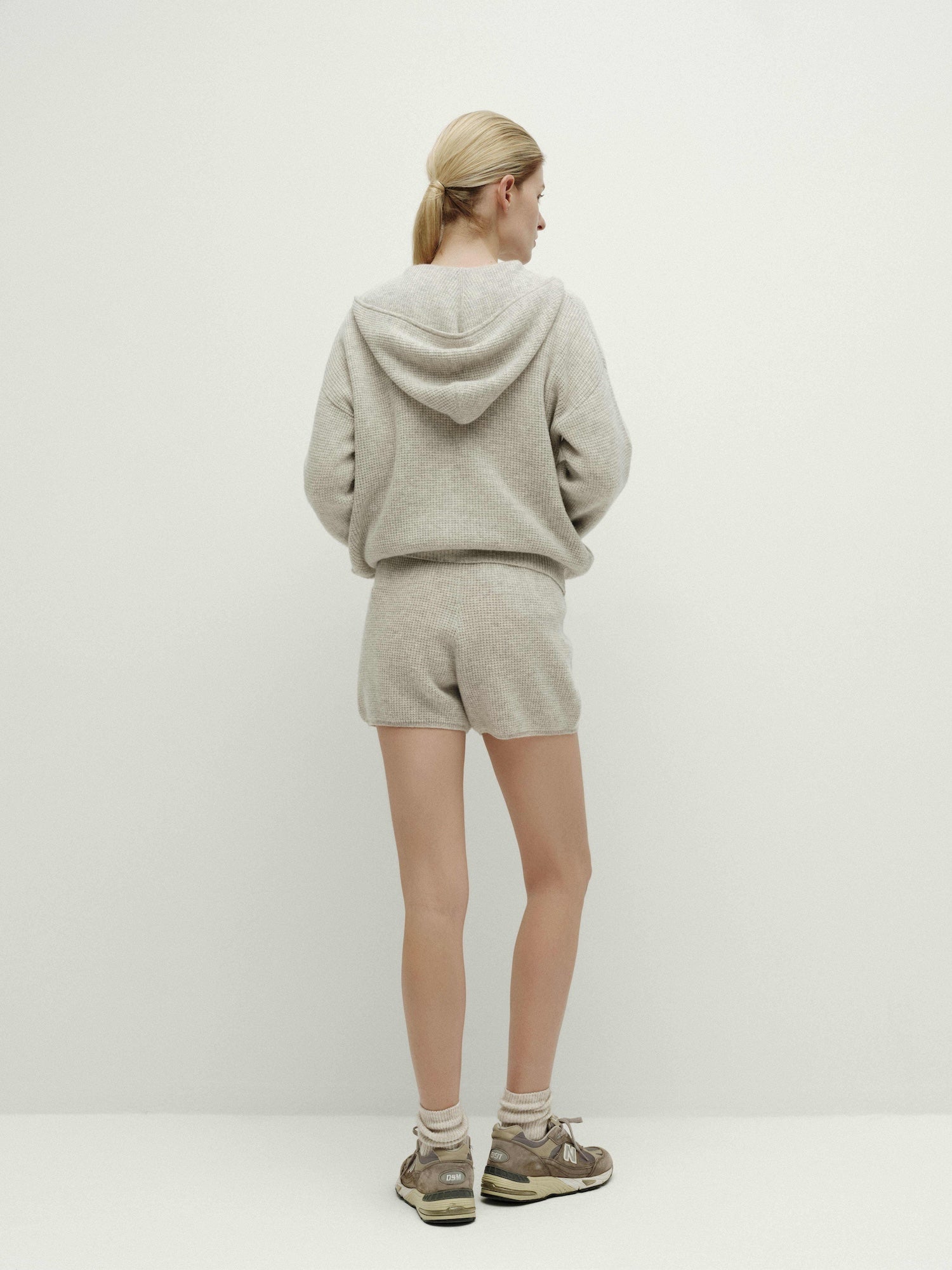 Knit Waffle Hooded Zipper Cardigan-Warm Gray