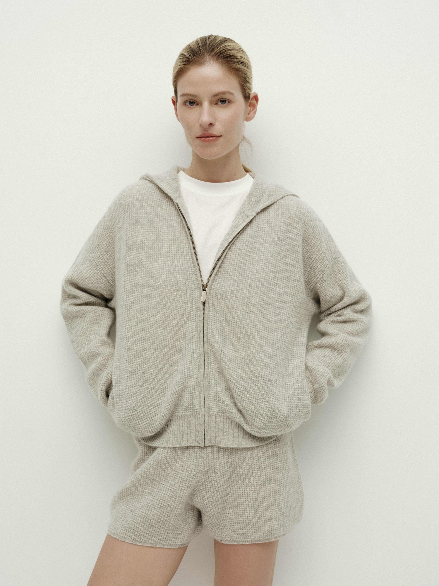 Knit Waffle Hooded Zipper Cardigan-Warm Gray