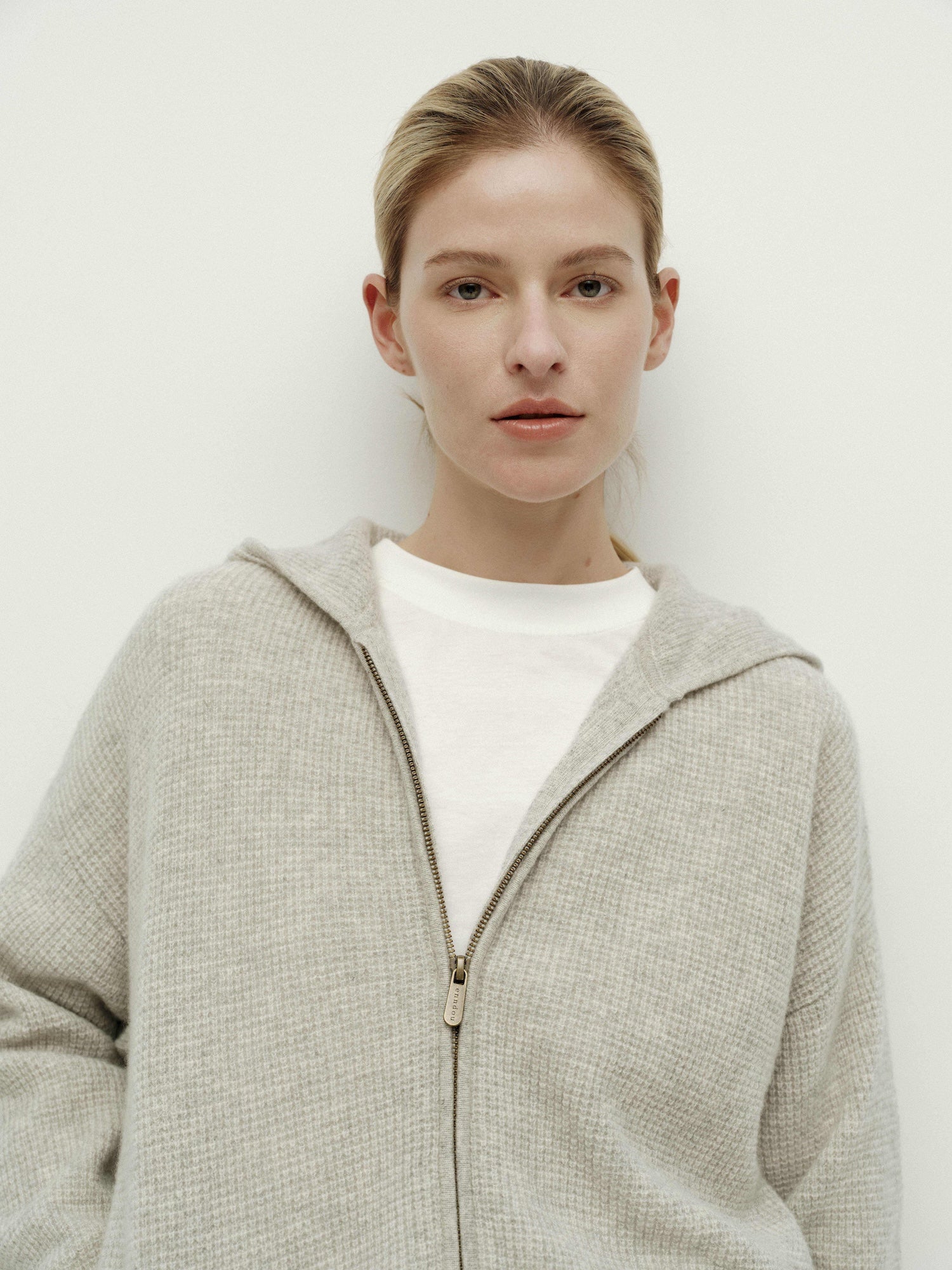 Knit Waffle Hooded Zipper Cardigan-Warm Gray