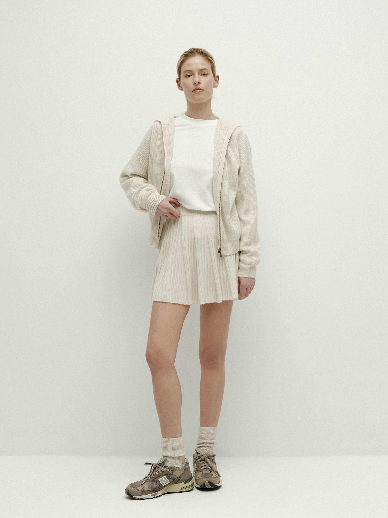 Knit Waffle Hooded Zipper Cardigan-Warm Gray