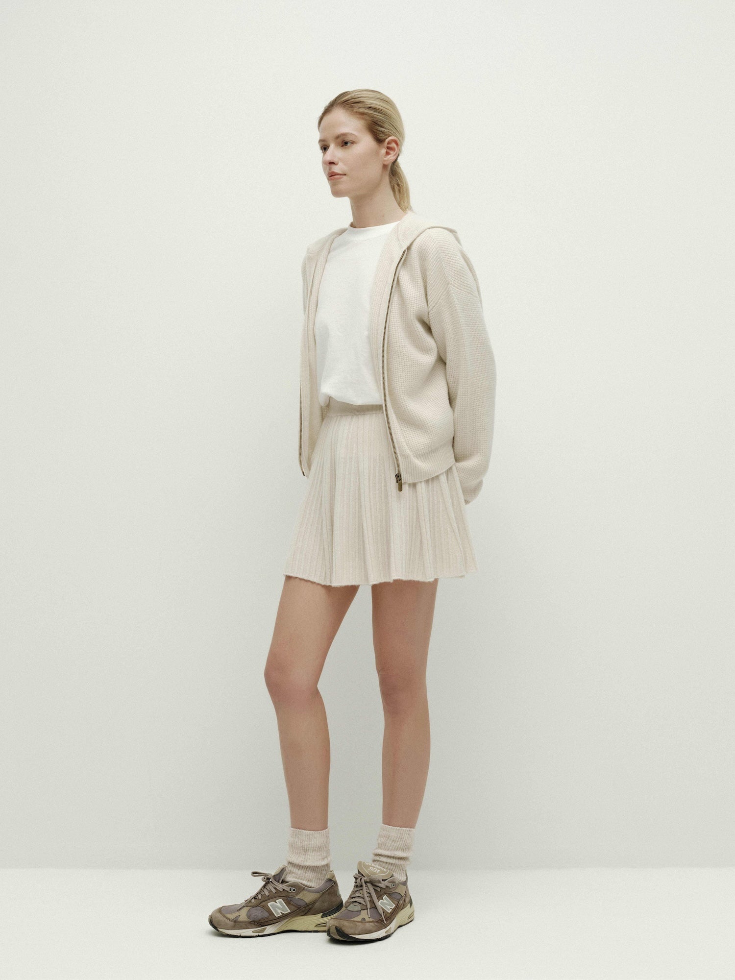 Knit Waffle Hooded Zipper Cardigan-Warm Gray