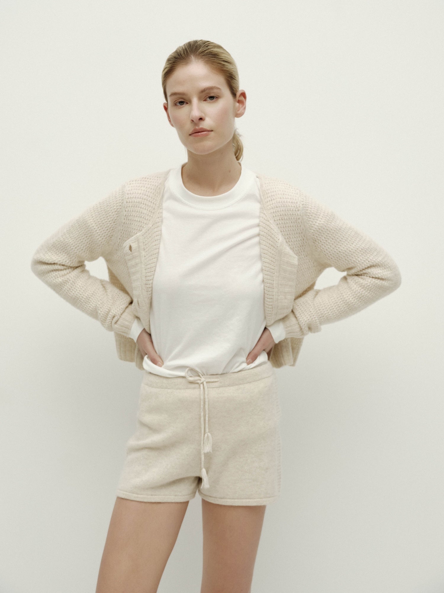 Knit Drawstring Fringed Shorts-Apricot Blossom