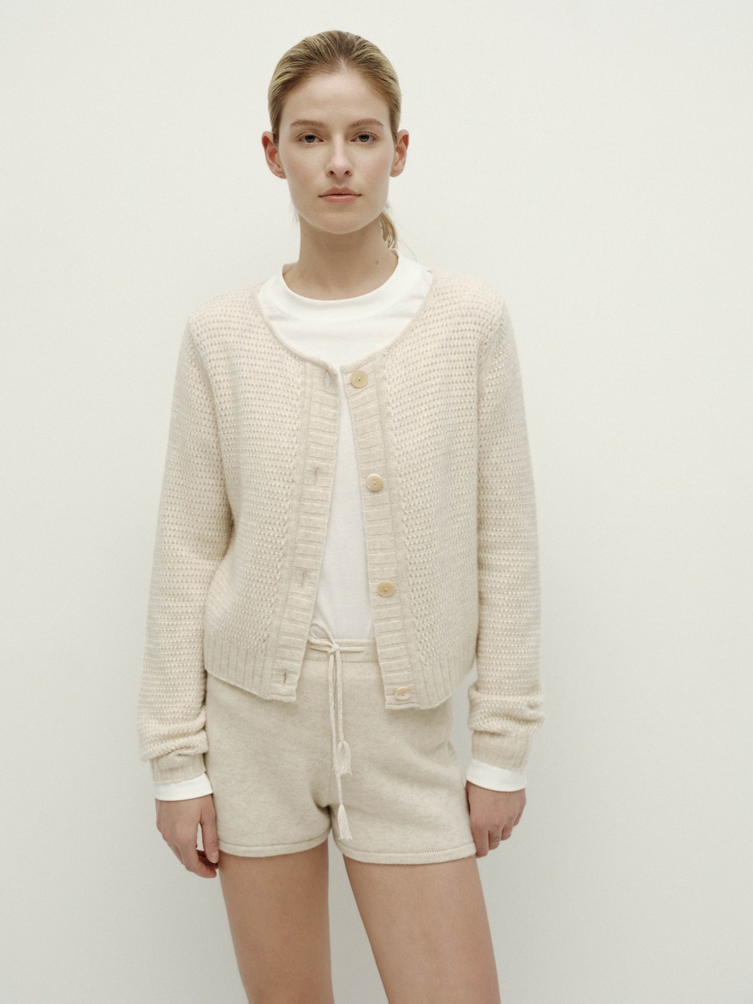 Knit Drawstring Fringed Shorts-Apricot Blossom